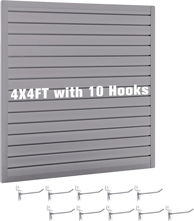 Slatwall Panel Garage Wall Organizer Storage Systems, Wall Mounted PVC Storage Rack with 10 Hooks, Interlocking Workshop Slat Wall Paneling Sheets Board Shelves Tools Organization-Grey (4’H x 4’W)