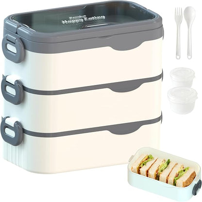 Bento Box Adult Lunch Box, Stackable 3 Layers Large Capacity Lunch Containers, Microwave and Dishwasher Safe Food Grade Containers with Utensils, Dividers and Sauce Boxes for Men, Women, Kids