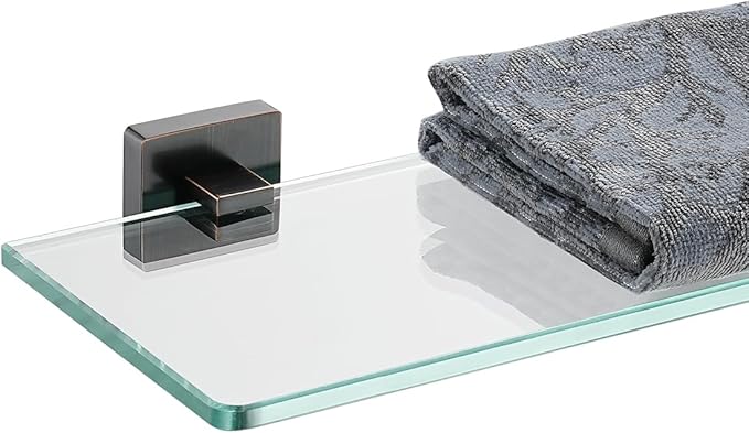 JQK Bathroom Glass Shelf Black, Tempered Glass Shower Storage 16 by 5 inches, 304 Stainless Steel Matte Black Wall Mount, TGS201L16-PB