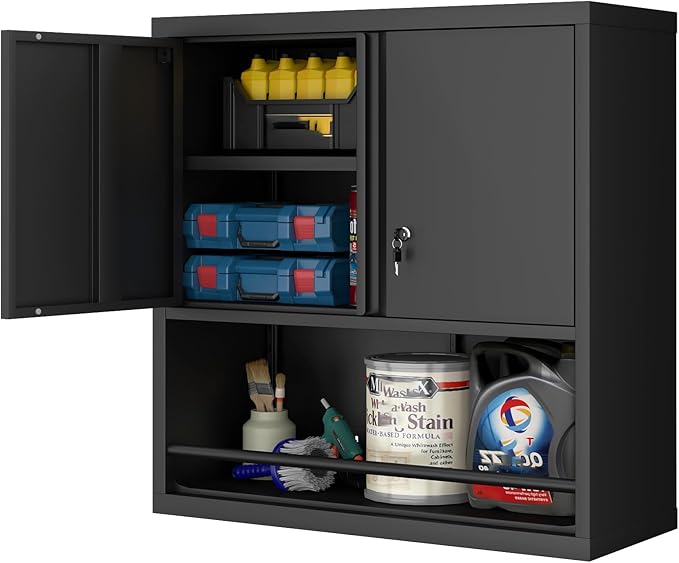 LUCYPAL Garage Storage Cabinet with Locking Doors and Adjustable Shelves,Black Metal Wall Cabinets for Garage,Steel Upper Storage Cabinet for Warehouse/Basement/Home Office