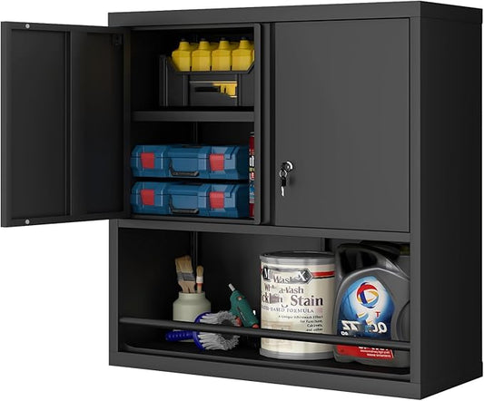 LUCYPAL Garage Storage Cabinet with Locking Doors and Adjustable Shelves,Black Metal Wall Cabinets for Garage,Steel Upper Storage Cabinet for Warehouse/Basement/Home Office