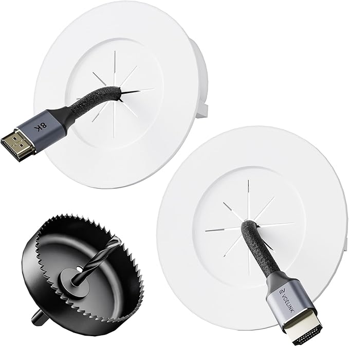 VCELINK in Wall Cable Management Kit (3.79 inch/96 mm) with Hole Saw Drill Attachment and Mounting Brackets, Hide TV Cords for Network, HDMI, Coax, Speaker Cables, 2-Pack