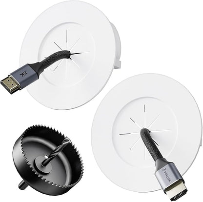 VCELINK in Wall Cable Management Kit (3.79 inch/96 mm) with Hole Saw Drill Attachment and Mounting Brackets, Hide TV Cords for Network, HDMI, Coax, Speaker Cables, 2-Pack