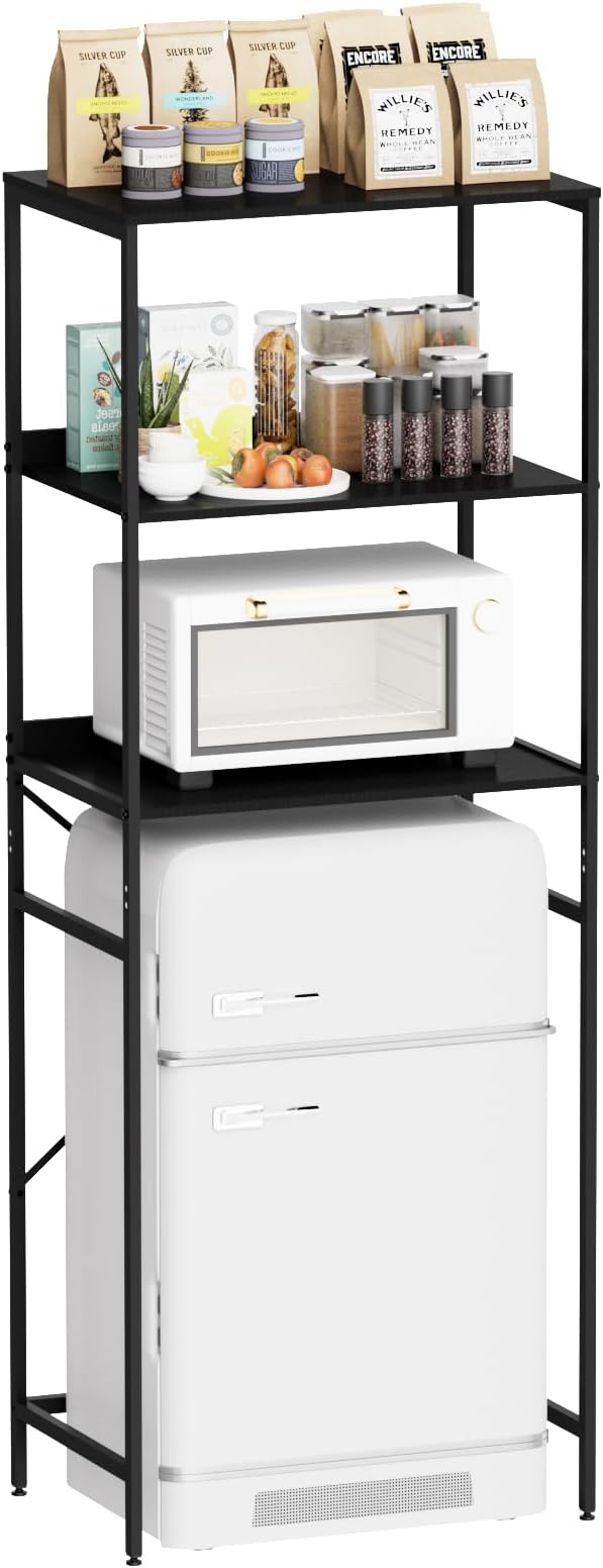 Mini Fridge Shelf Mini Fridge and Microwave Stand Over Mini Fridge Storage Rack 3 Tier Microwave and Fridge Stand Suitable for Dorm, Kitchens, Offices, Black