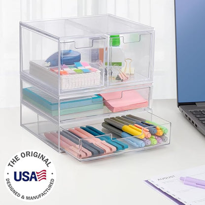 STORi Chloe Space-Saving Clear Drawer Organizer (4 Drawer Set) Sort Office, Kitchen, Beauty Supplies, Makeup, Pens, Jewelry, Stationary, Made in USA
