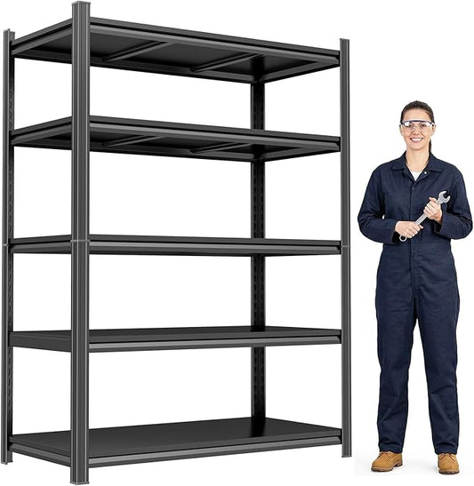 Heavy Duty Metal Garage Shelving Unit, 5-Tier Adjustable Steel Storage Shelves, 3000 lbs Capacity Garage Storage Rack Organizer, Black 71.2" H x 35.4" W x 13.8" D