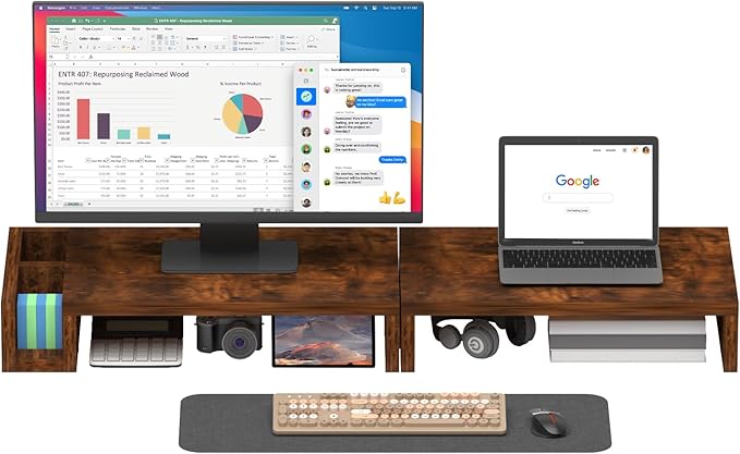 Wood Dual Monitor Stand Riser for Desk, 30" Long Monitor Riser with Pen Holders, Desktop Storage Organizer for 2 Monitors, Computer, Laptop, PC, Printer, TV, Rustic Brown (Dual)