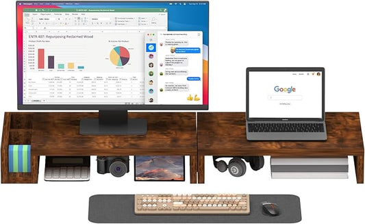 Wood Dual Monitor Stand Riser for Desk, 30" Long Monitor Riser with Pen Holders, Desktop Storage Organizer for 2 Monitors, Computer, Laptop, PC, Printer, TV, Rustic Brown (Dual)