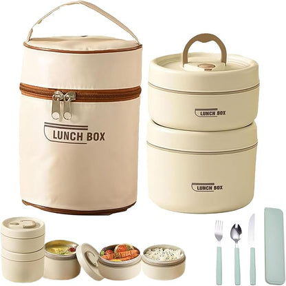 Portable Insulated Lunch Container Set, 4 Tier Separate Stackable Stainless Steel Lunch Container with Insulated Lunchs Bag, Bento Box Hot Food Lunch Containers to Microwave (Beige, 2-Tier)