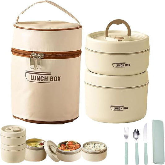 Portable Insulated Lunch Container Set, 4 Tier Separate Stackable Stainless Steel Lunch Container with Insulated Lunchs Bag, Bento Box Hot Food Lunch Containers to Microwave (Beige, 2-Tier)