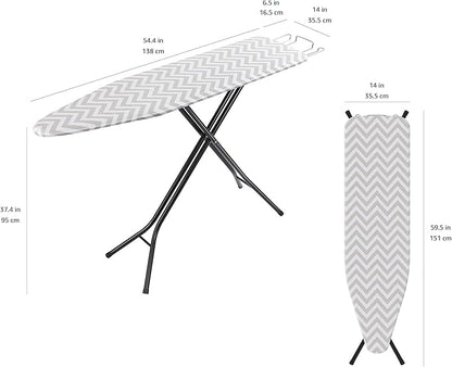 Amazon Basics Height Adjustable Full-Size Foldable Ironing Board, 4-Leg Fold-Up, Chevron Removable Cover, 60" x 14" x 38"