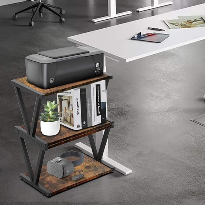 VEDECASA Retro Desktop Printer Stand 2 Tiers Under Desk Wood Printer Shelf Rustic Industrial Farmhouse Wood Storage Book Shelf Table Organizer for Home Office Stylish Sturdy V Shaped (Rustic Brown)