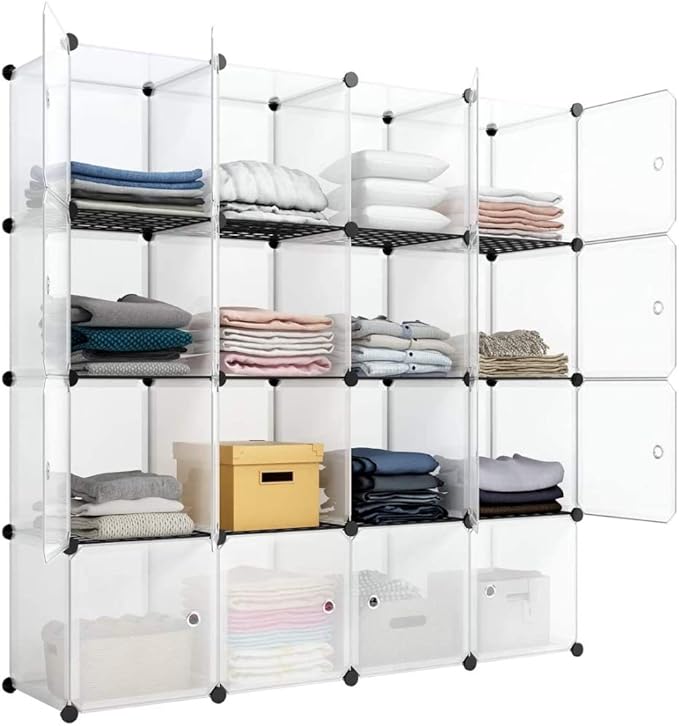Aeitc Cube Storage Organizer Storage Cubes Add Wire Panel DIY Stackable Cubes Plastic Organizing Modular Cabinet Bookcase Cubby Closet Shelf for Bedroom, Living Room,16 White Cube with Door