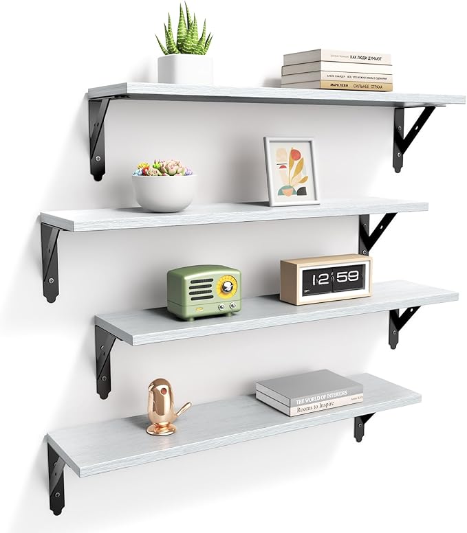 Wood Floating Shelves Set of 4, Rustic Storage Decor Wall Shelves, Wall Mounted Shelf for Living Room, Bedroom 23.6" x 6", Light Grey