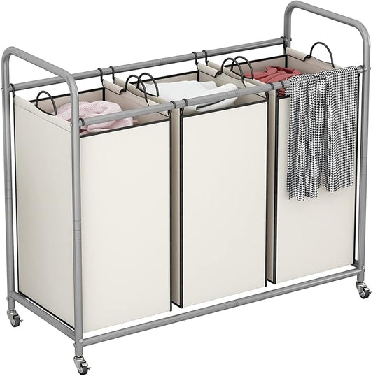 LINZINAR 3-Bag Laundry Sorter,Laundry Hamper Cart with Heavy Duty Rolling Lockable Wheels and Removable Bags (Beige)
