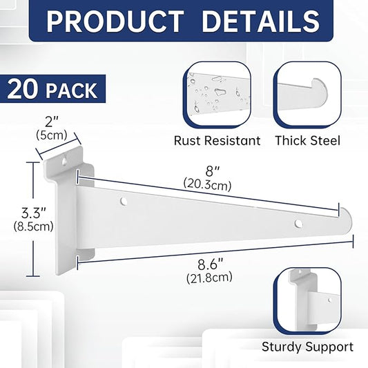 20 Pack Metal Slatwall Shelf Brackets with Lip Heavy Duty, Slatwall Accessory for Panels Shelving, Garage, Retail Display (White, 8 Inch)
