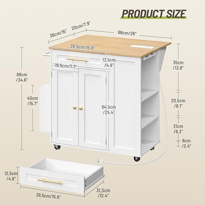 Kitchen Island with Storage, Rolling Kitchen Table with Drop Leaf, Charging Station, 3 Open Adjustable Shelf & Drawer, Towel Rack, Mobile Kitchen Cart for Dining Room, White and Natural