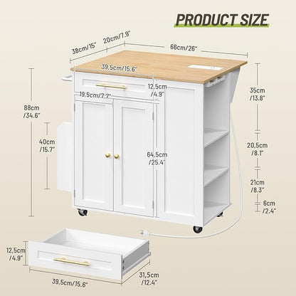 Kitchen Island with Storage, Rolling Kitchen Table with Drop Leaf, Charging Station, 3 Open Adjustable Shelf & Drawer, Towel Rack, Mobile Kitchen Cart for Dining Room, White and Natural