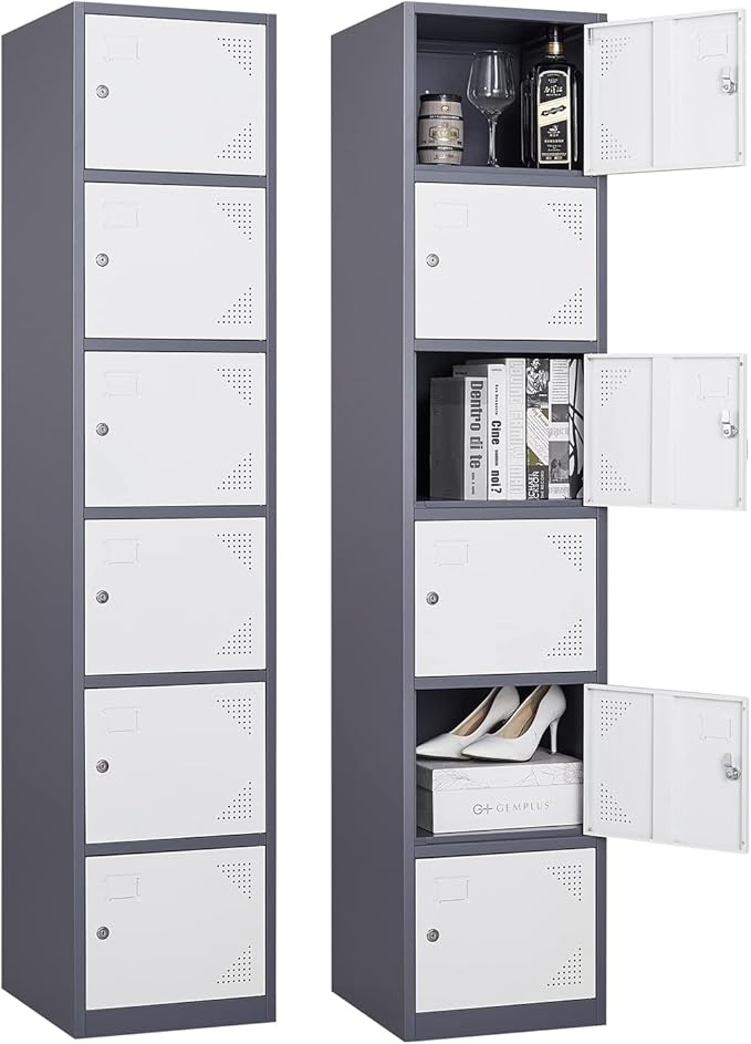 Metal Locker with 6 Doors, 71" Lockers for Employees Steel Storage Locker, Lockable Locker Cabinet for School, Gym, Home Office and Garage（Grey White）