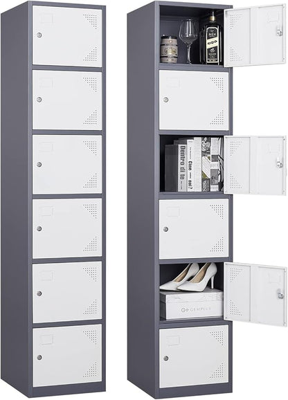 Metal Locker with 6 Doors, 71" Lockers for Employees Steel Storage Locker, Lockable Locker Cabinet for School, Gym, Home Office and Garage（Grey White）