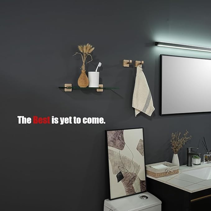 JQK Bathroom Glass Shelf, Floating Tempered Glass Shower Storage 16 by 5 inches, 304 Stainless Steel Champagne Bronze Wall Mount, TGS201L16-CB