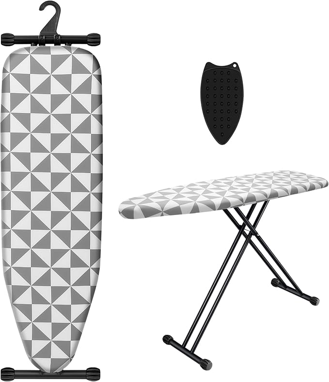 Ironing Board with Silicone Iron Rest pad,Extra Thick Cover,14x54 Compact and Space Saver Iron Board, Height Adjustable,Stable Structure, Easy to Fold, Gray and White