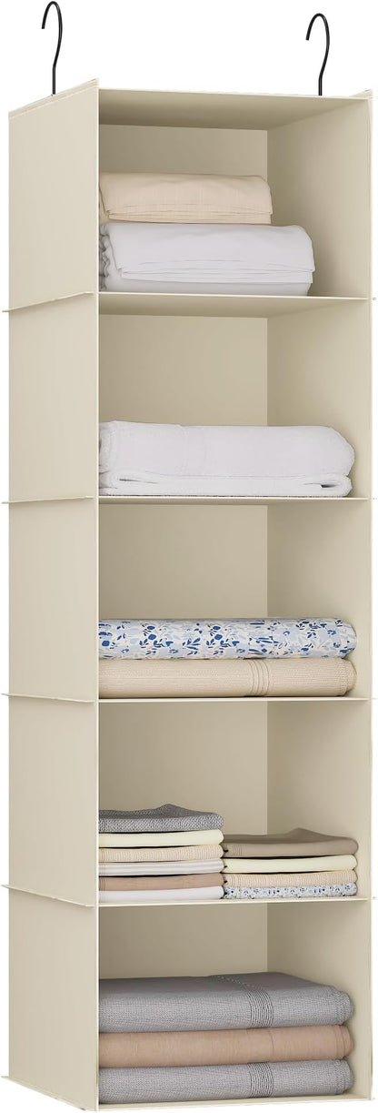 Hanging Closet Organizer, Easy Mount Foldable 5-Shelf Hanging Closet Wardrobe Storage Shelves, Clothes Handbag Shoes Accessories Storage, Washable Oxford Cloth Fabric, Beige