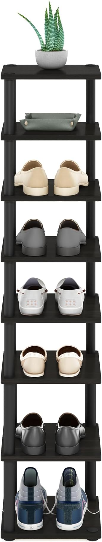 Furinno Turn-N-Tube Vertical Shoe Rack, 8-Tier Narrow Shoe Organizer, Free Standing Shoe Storage, Shoe Shelf for Boots, Sneakers, 11.6 x 11.6 x 52.6, for Closet, Entryway, Office, Garage, Espresso