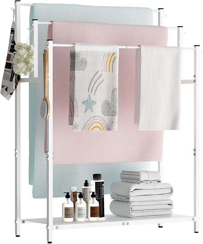44” Tall Free Standing Towel Racks with 6 Hooks for Bathroom, 3 Tiers Oversized Pool Bath Towels Drying Stand, Metal Blanket Ladder Holder with Storage Shelf for Bedroom Living Room, White