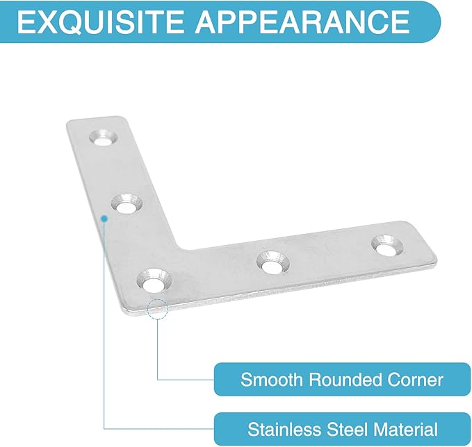 8PCS 3.23” x 3.23” L Shape Flat Metal Frame Bracket, 90 Degree Right Angle Corner Brace, Stainless Steel Mending Plate for Wood with 40PCS Screws