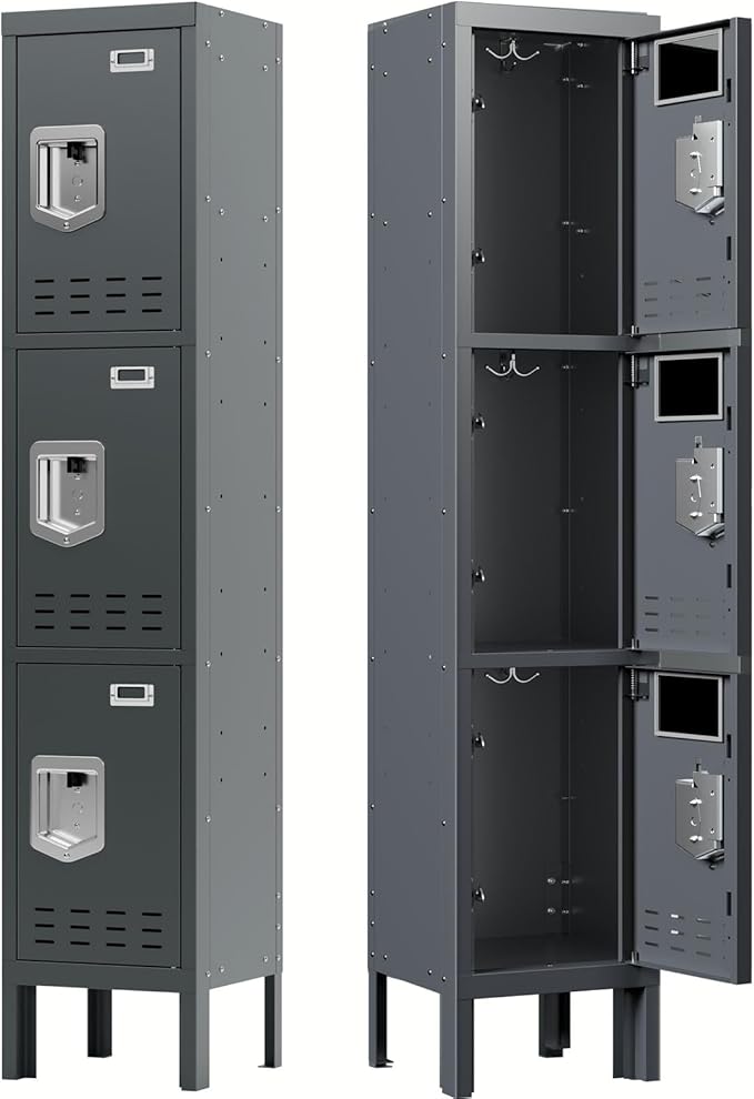 Metal Storage Locker with Lock & Card Slot Locker - Secure Lockable Door - Steel Locker for School, Office, Gym, Home - 66.15" H x 11.8" W x 11.8" D（3 Door, Grey）