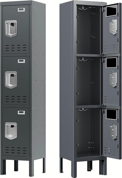 Metal Storage Locker with Lock & Card Slot Locker - Secure Lockable Door - Steel Locker for School, Office, Gym, Home - 66.15" H x 11.8" W x 11.8" D（3 Door, Grey）