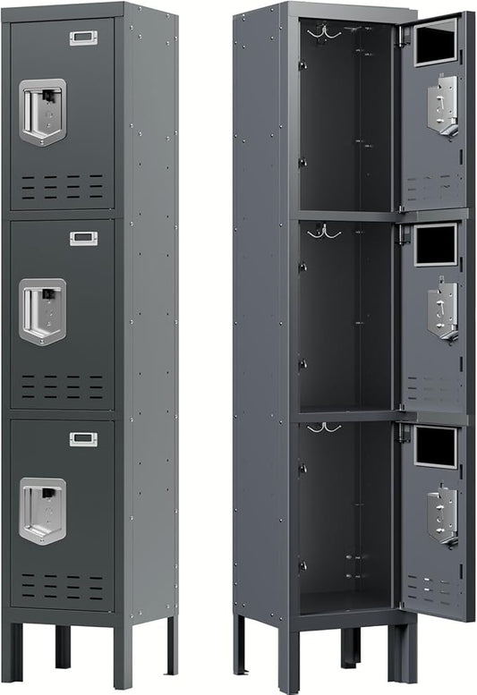 Metal Storage Locker with Lock & Card Slot Locker - Secure Lockable Door - Steel Locker for School, Office, Gym, Home - 66.15" H x 11.8" W x 11.8" D（3 Door, Grey）