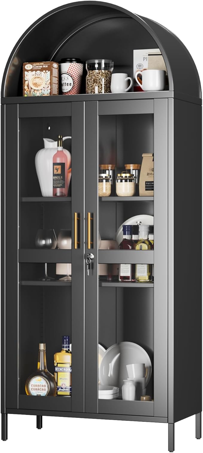 73'' H Metal Arched Display Cabinet with Glass Door,Locking Kitchen Pantry Cabinet with Lockable Door and 2 Adjustable Shelves for Home Office, Assembly Required, Black