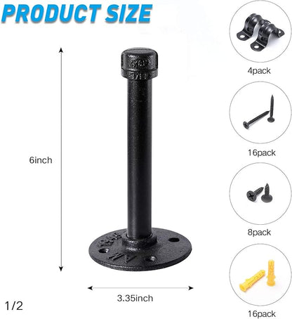 1/2" Industrial Black Iron Pipe Shelf Brackets, Rustic Wall Mounted DIY Shelving Bracket Hanging Custom Pipe Brackets for Floating Shelves (6 Inch, Piece, 4)