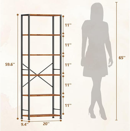 Furologee 6 Tier Book Shelf, Tall Wide Bookshelf, Industrial Open Bookcase, Display Shelves Storage Organizer, Shelving Unit for Living Room, Home Office, Bedroom, Rustic Brown