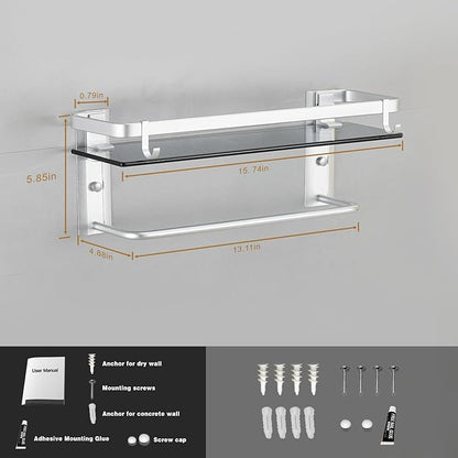 VOLPONE Glass Bathroom Shelf 15.7 in Bathroom Wall Shelf with Towel Holder Tempered Glass Shelf Wall Mount with 2 Removable Hooks Silver（1 Tier）