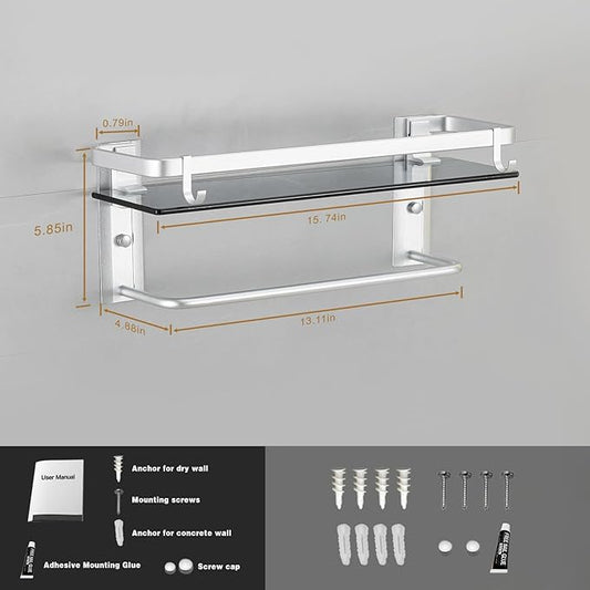VOLPONE Glass Bathroom Shelf 15.7 in Bathroom Wall Shelf with Towel Holder Tempered Glass Shelf Wall Mount with 2 Removable Hooks Silver（1 Tier）