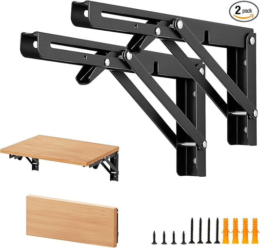 Home Expert 10 Inch Folding Shelf Brackets, 2 Pack (1 Pairs) Heavy Duty Metal Collapsible Wall-Mounted Brackets, Space-Saving DIY Foldable Shelf for Benches and Tables, Matte Black