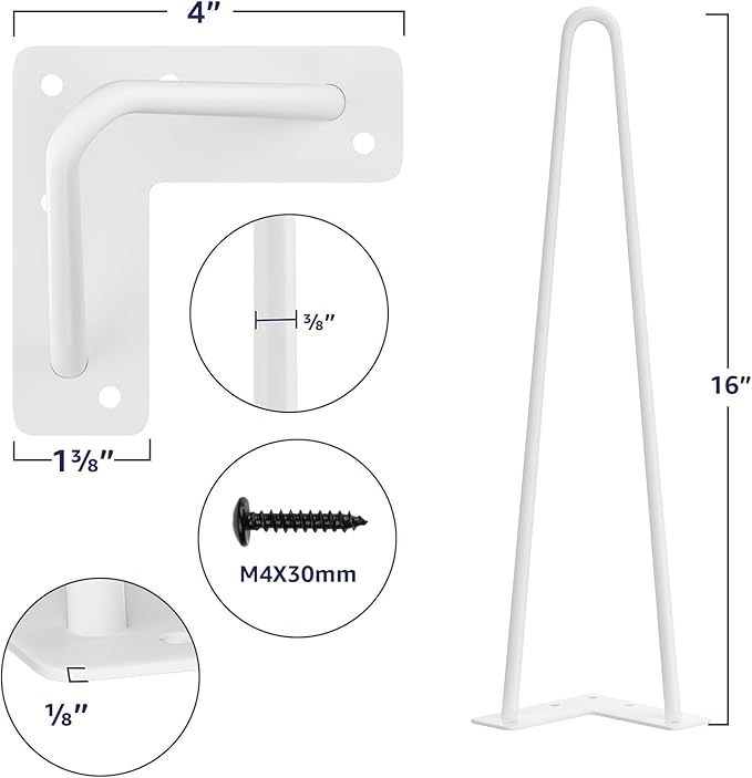 SMARTSTANDARD 16 Inch Heavy Duty Hairpin Furniture Legs, Metal Home DIY Projects for Nightstand, Coffee Table, Desk, etc with Rubber Floor Protectors White 4PCS
