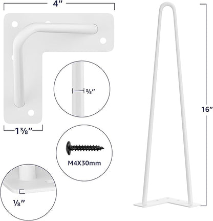SMARTSTANDARD 16 Inch Heavy Duty Hairpin Furniture Legs, Metal Home DIY Projects for Nightstand, Coffee Table, Desk, etc with Rubber Floor Protectors White 4PCS