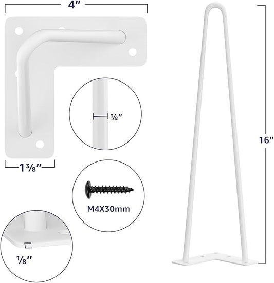 SMARTSTANDARD 16 Inch Heavy Duty Hairpin Furniture Legs, Metal Home DIY Projects for Nightstand, Coffee Table, Desk, etc with Rubber Floor Protectors White 4PCS