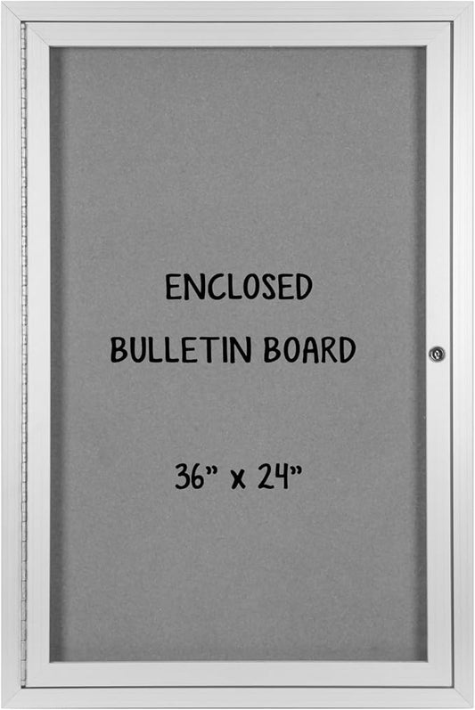 INNOVART Enclosed Bulletin Board 36” x 24”, Lockable Fabric Noticeboard with Aluminum Frame, Wall Display Case with Swing-Open Door Grey Felt, Information Cabinet for School, Office, Commercial, etc