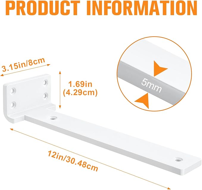 Floating Shelf Brackets 12 inch 4 Pack L Brackets for Shelves White Metal Heavy Duty Shelf Bracket for DIY Decorative with Mounting Hardware