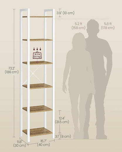 VASAGLE 6-Tier Bookshelf, Bookcase with Steel Frame, Book Shelf for Living Room, Home Office, Study, 11.8 x 15.7 x 73.2 Inches, Industrial Style, Honey Brown and Cloud White ULLS101K02