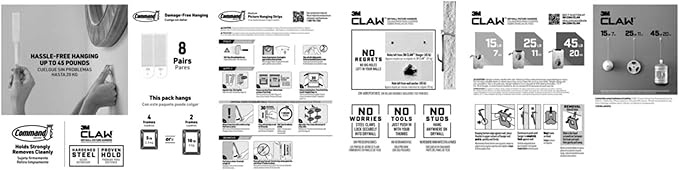Command and 3M Claw Picture Hanging Kit, 10 lb Medium Picture Hanging Strips 8 Pairs (16 Strips) and 45, 25, & 15 lb 3M Claw Picture Hangers, Hanging Picture Frames for Home Decor and Room Decor