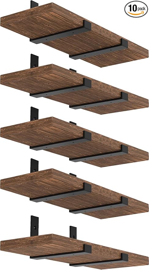 Shelf Bracket, Heavy Duty Floating Shelf Brackets 10-Inch Long, 10-Pack Brackets for Shelves, Black Coated J Shape Metal Wall Shelf Support Brackets with 1/5-Inch Thick and 160 lb. Load Capacity