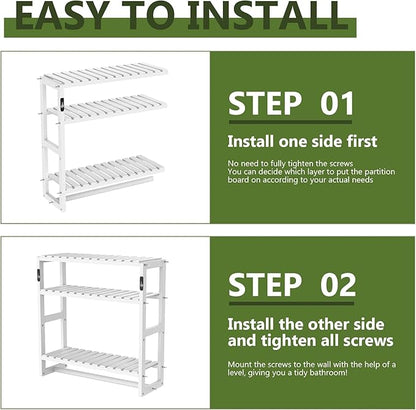 Over The Toilet Storage Bathroom Shelves Wall Mounted 3 Tier Space Saver Corner Shelf Organizer Bamboo Towel Rack Toilet Paper Cabinet with Hanging Rod White