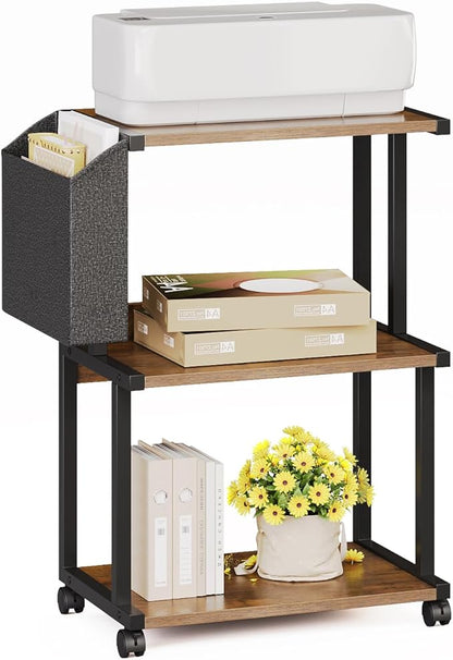 Ostreeful 3 Tier Printer Stand Rustic Brown Printer Mobile Wooden Printer Shelf Table Organizer for Home Office Kitchen