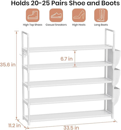 Shoe Rack for Closet Shoe Organizer Space Saver Storage for 20-25 Pair Shoe Shelf with Hook and Side Pocket Free Standing 5 Tier Shoe Rack Organizer for Entryway,Small Spaces, White